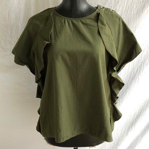 ZARA SIZE L FLUTTER TOP COTTON OLIVE GREEN